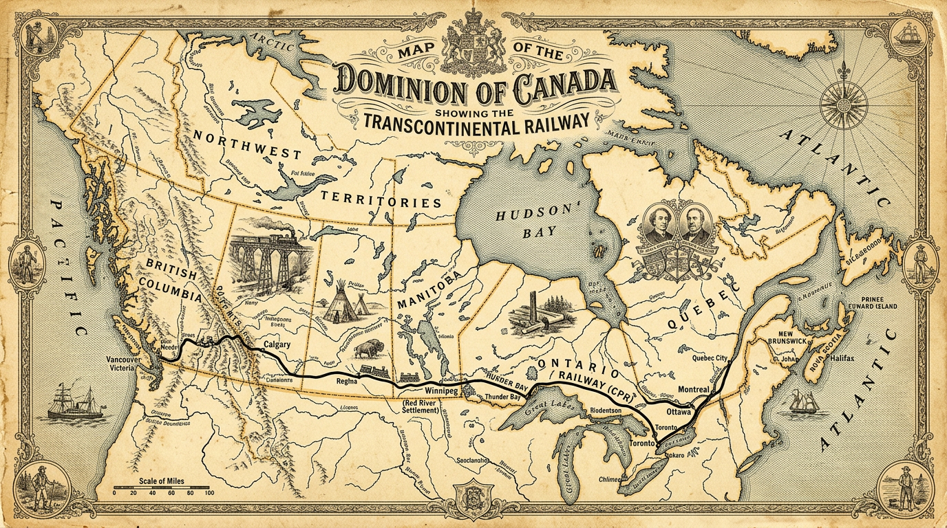 Map of Canada showing Transcontinental Railway from east to west with illustrations and territories