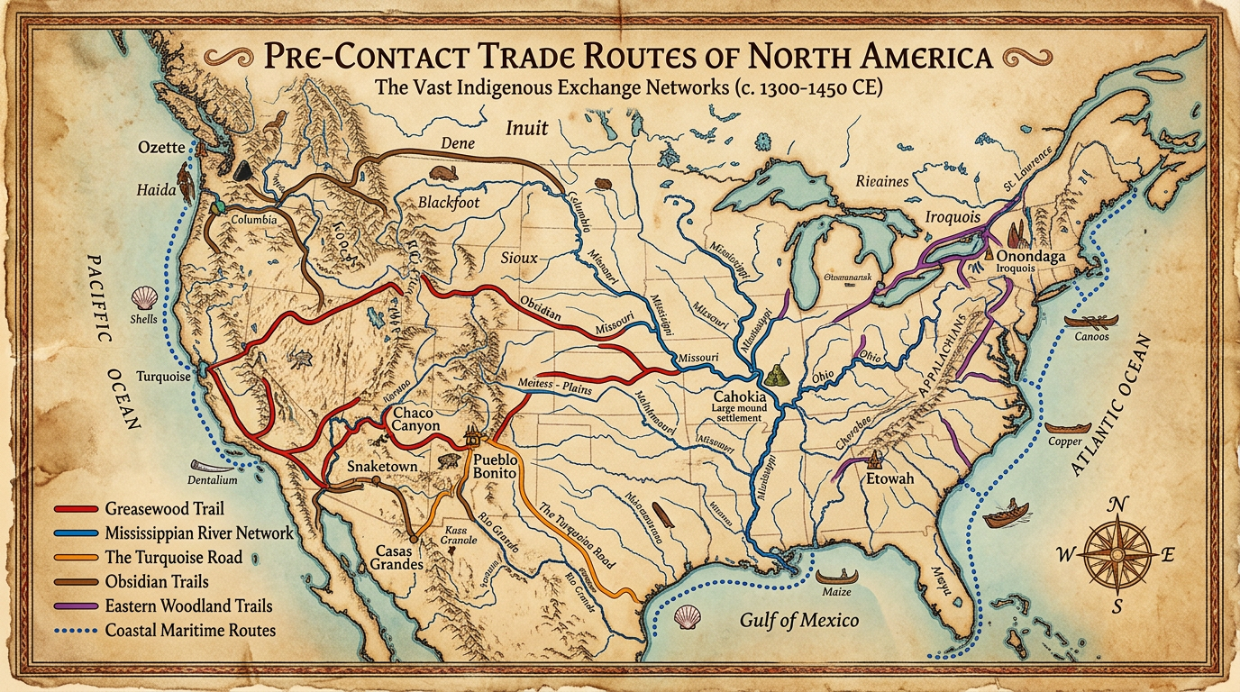 Map of pre-contact trade routes and indigenous exchange networks across North America c.1300-1450 CE