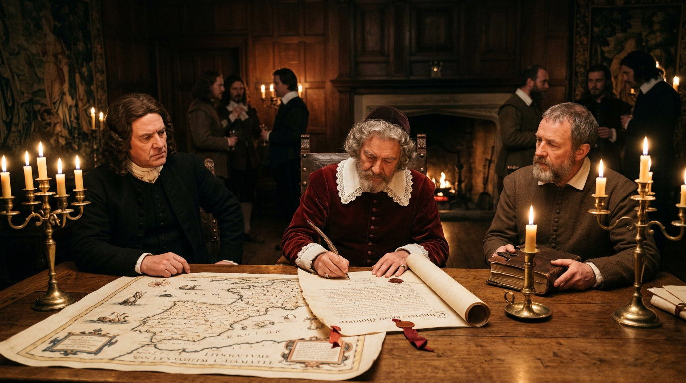 Three men in 17th-century attire reviewing a map and a scroll at a wooden table with candles.
