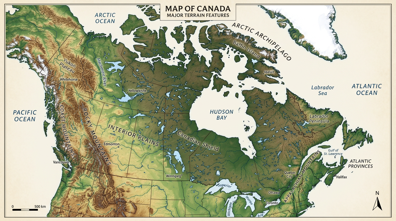 Map of Canada showing Hudson Bay, Arctic Archipelago, Rocky Mountains, Appalachian Mountains, Canadian Shield, and major cities.