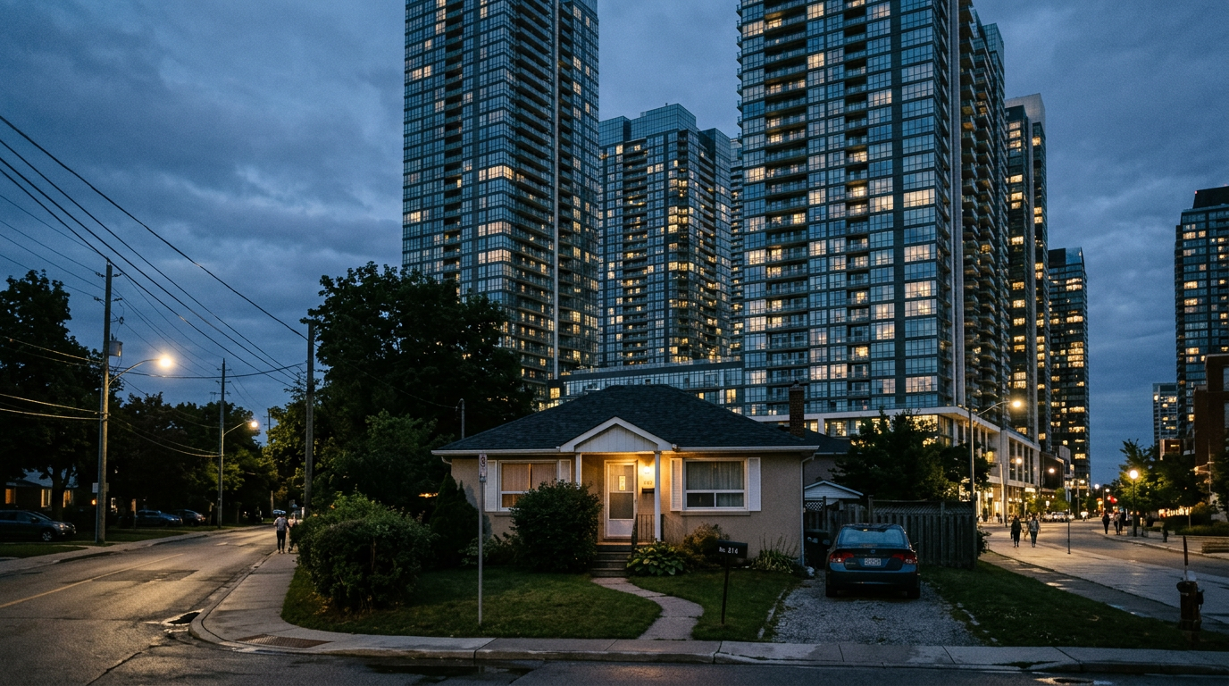 Small single-story house surrounded by tall glass apartment buildings at dusk