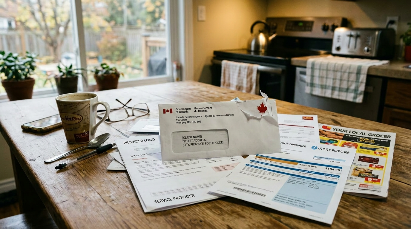Various household bills, mail envelopes, and a coffee cup on a wooden kitchen table