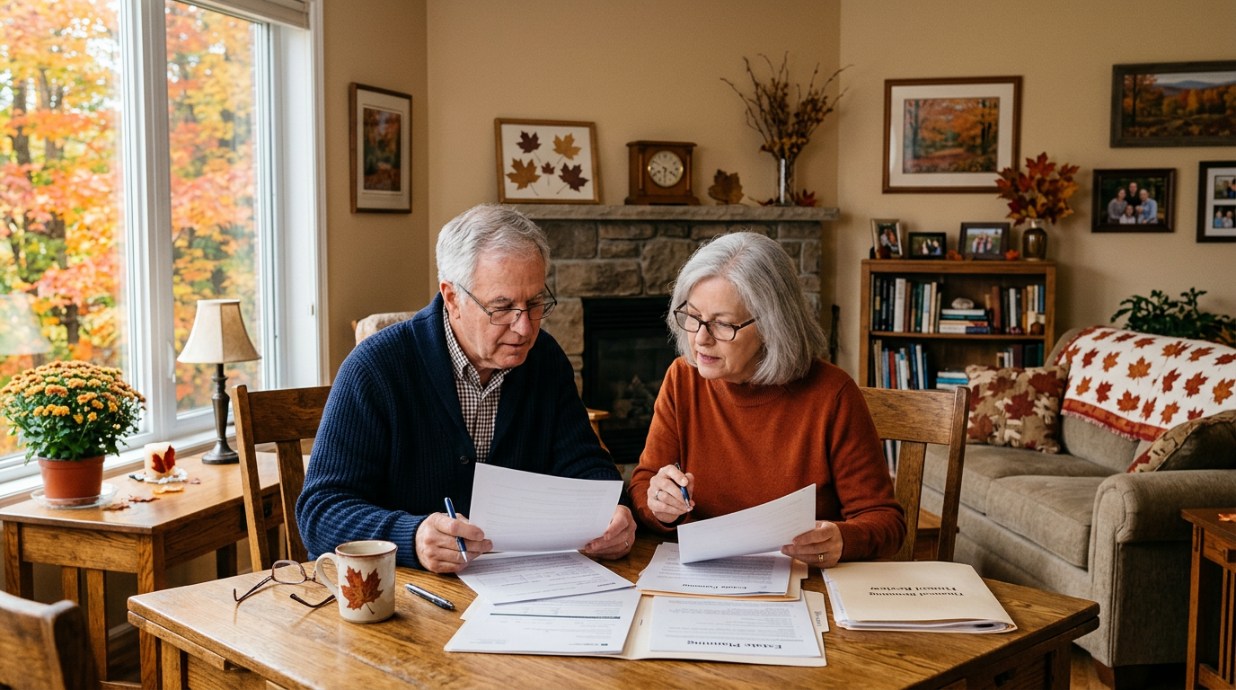 Older couple sitting at a wooden table reviewing financial documents together