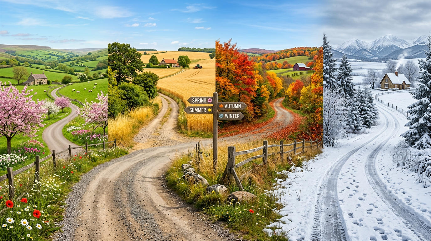 Four dirt road paths showing spring, summer, autumn, and winter seasons in countryside landscapes