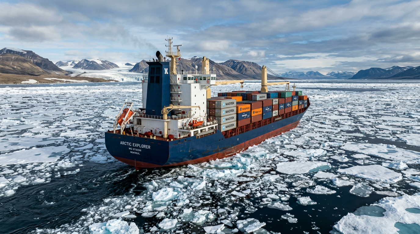 Cargo ship named Arctic Explorer moving through floating ice in Arctic waters with mountains in the background