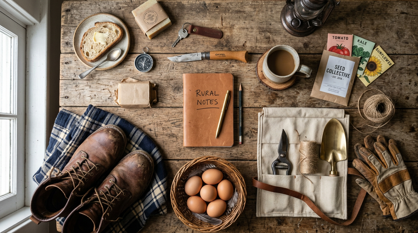 Gardening boots, eggs, gardening tools, seed packets, notebook labeled Rural Notes, cup of coffee on a wooden table