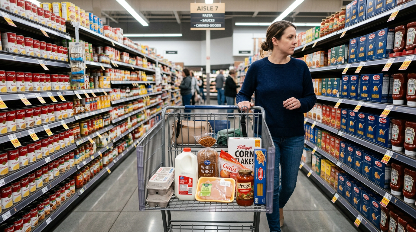 Woman pushing a shopping cart with groceries in a supermarket aisle labeled Pasta, Sauces, and Canned Goods