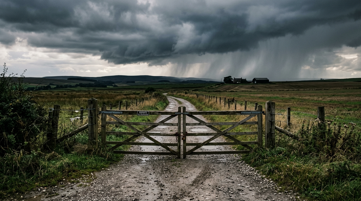 Wooden gate across gravel road with dark storm clouds and distant rain