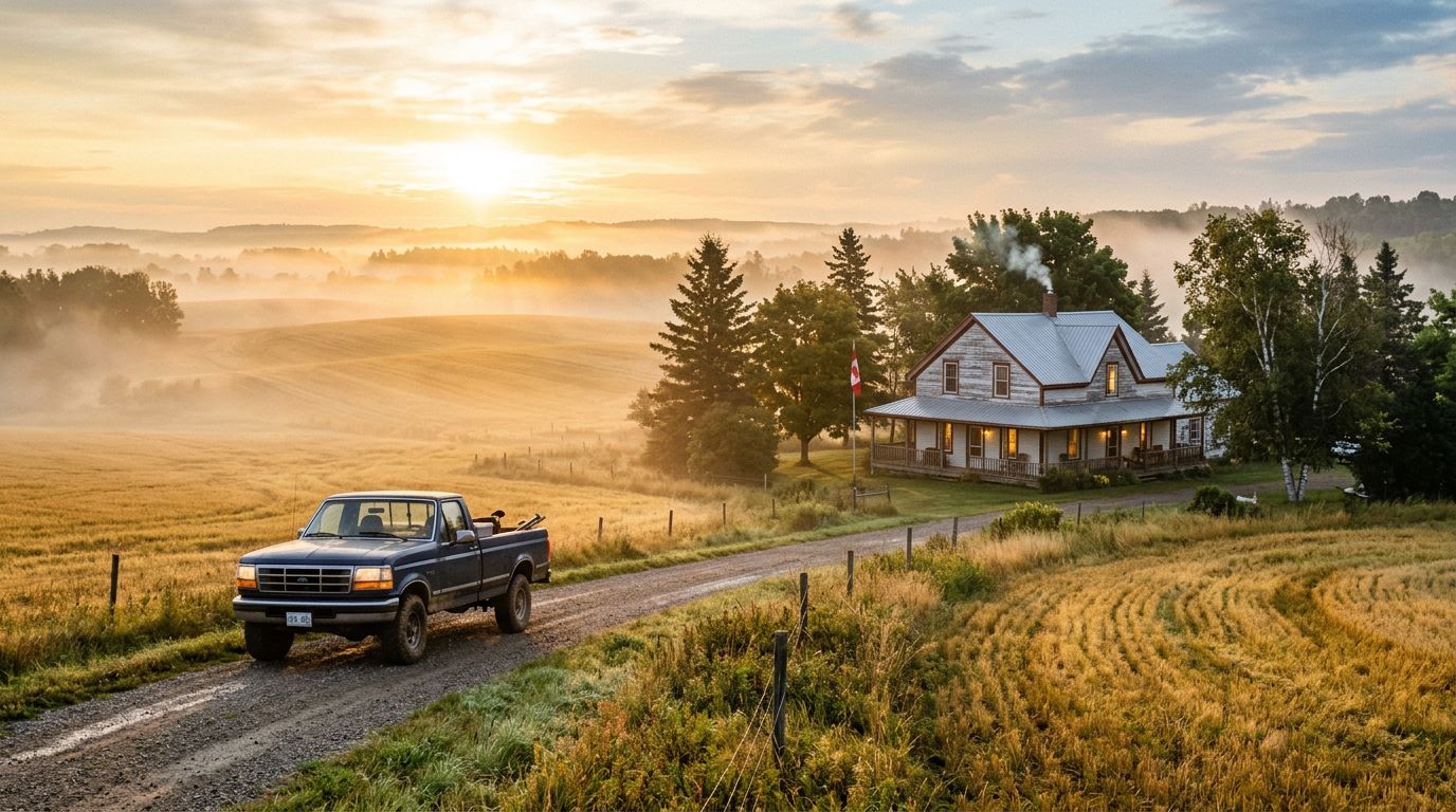 Pickup truck on gravel road near farmhouse with smoke from chimney at sunrise