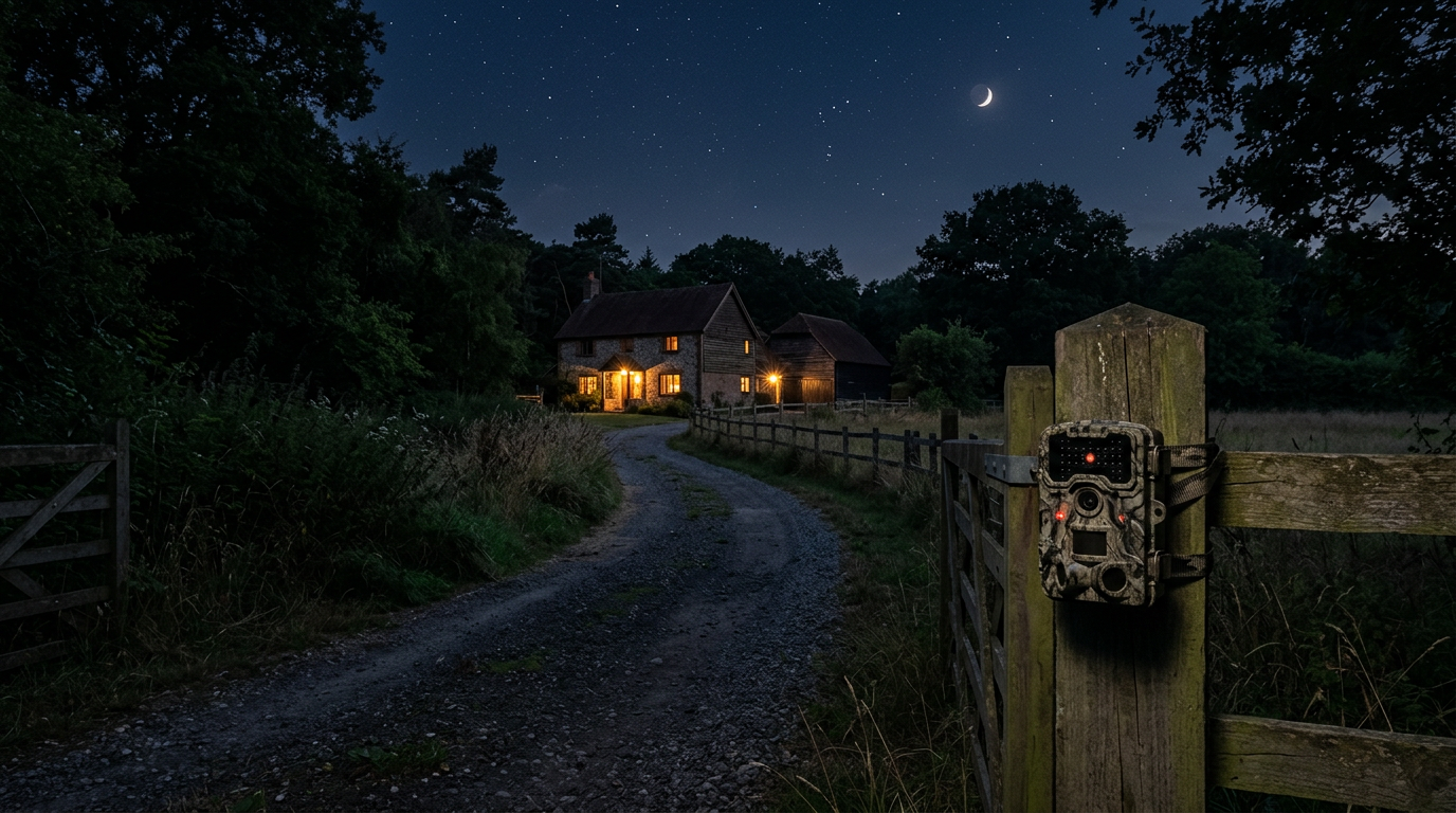 Trail camera mounted on wooden fence post near gravel driveway leading to lit countryside house at night under crescent moon and stars