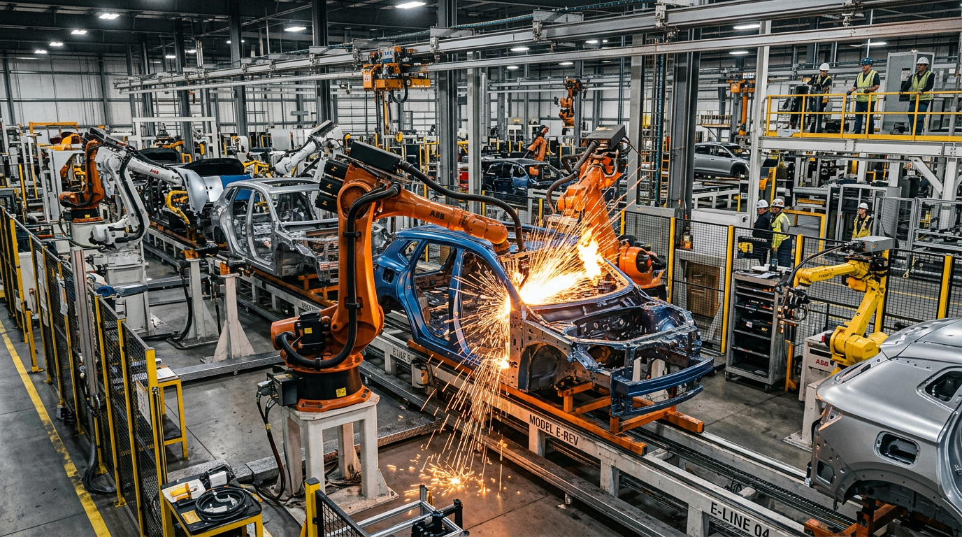 Robotic welding arms sparking while assembling car body frames on factory line