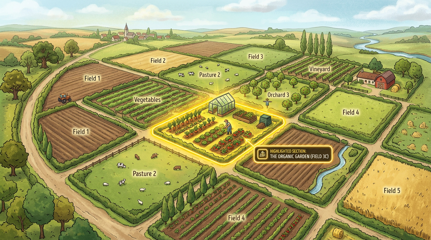 Farm layout with labeled fields, pastures, orchard, vineyard, and a highlighted organic garden section