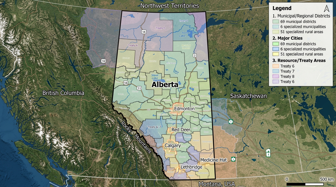 Map of Alberta with municipal districts, major cities, and treaty areas indicated