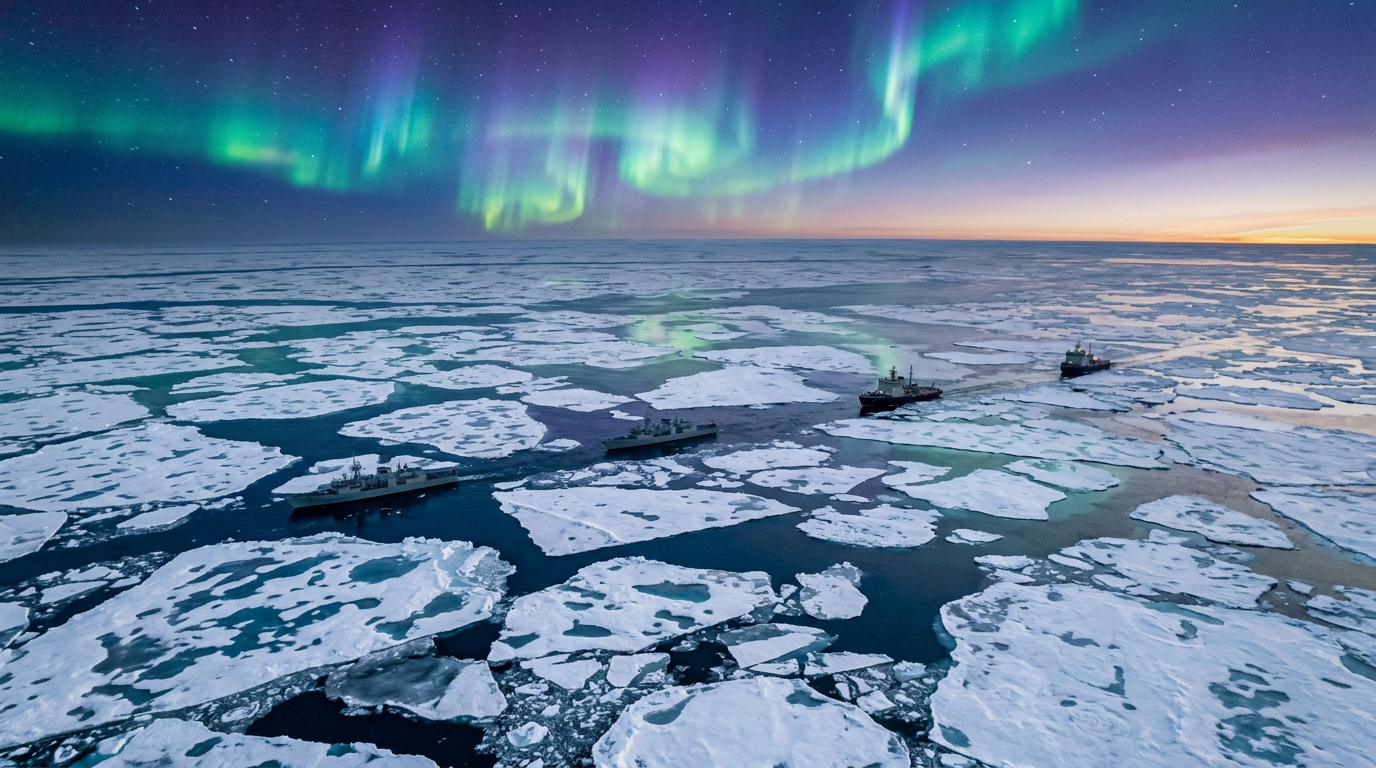 Four naval ships navigating through fragmented sea ice with northern lights in the sky.
