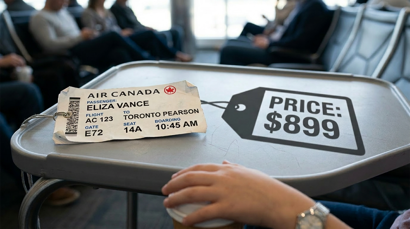 American Airlines boarding pass for flight AA 123 to Chicago O'Hare and a price tag showing $899 on a tray table