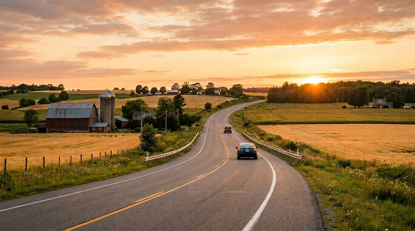 Two cars driving on Ontario Highway 21 with fields, a barn labeled Sunset Acres, and a setting sun in the background