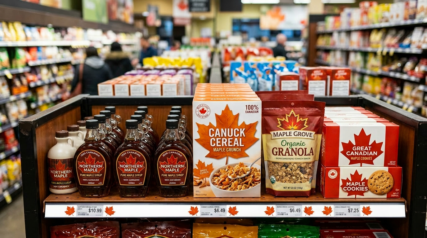 Bottles of Northern Maple syrup, Canuck Cereal Maple Crunch, Maple Grove Organic Granola, and Great Canadian Maple Cookies on store shelves.