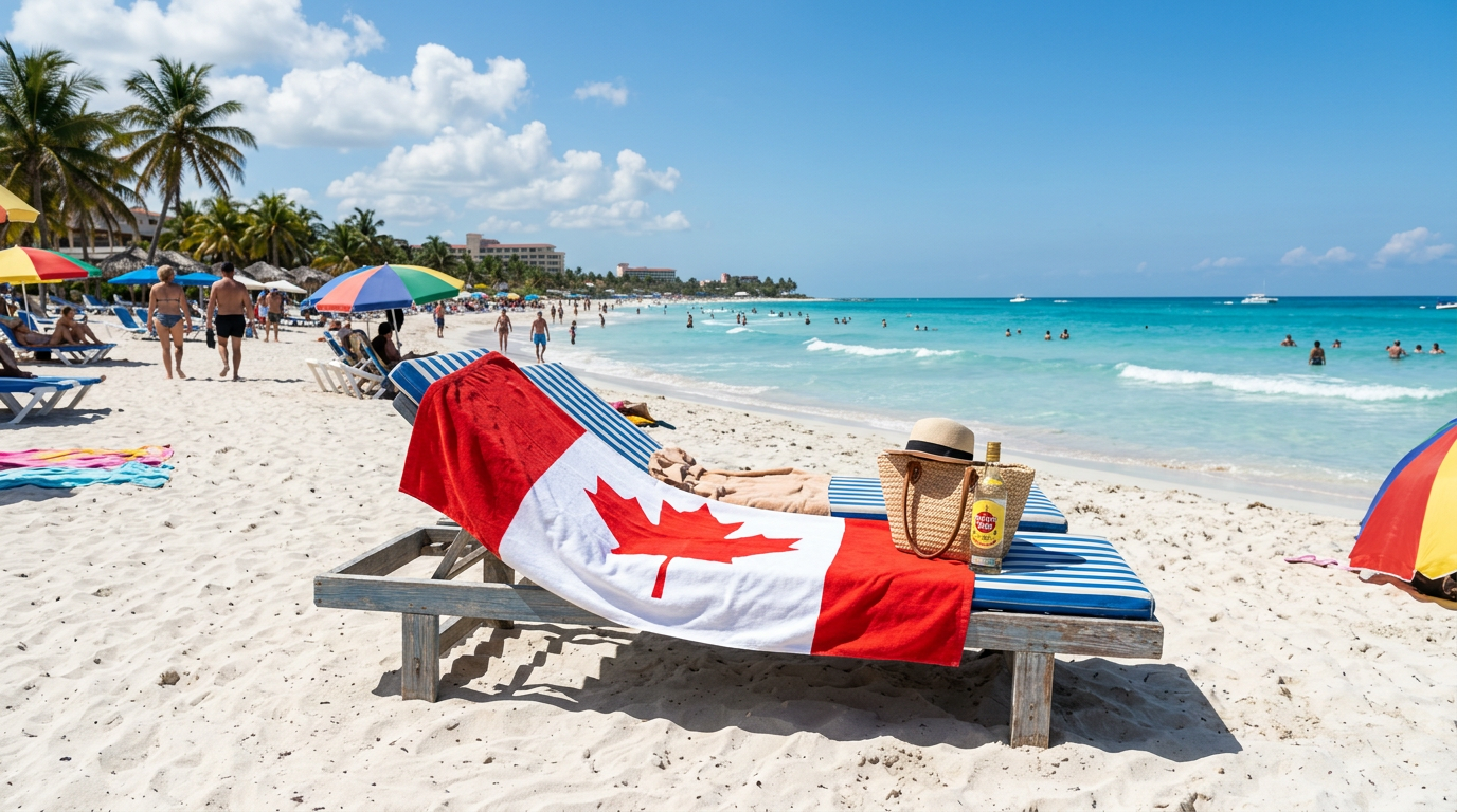 Beach lounge chair with Canadian flag towel, sun hat, and drink on sandy shore