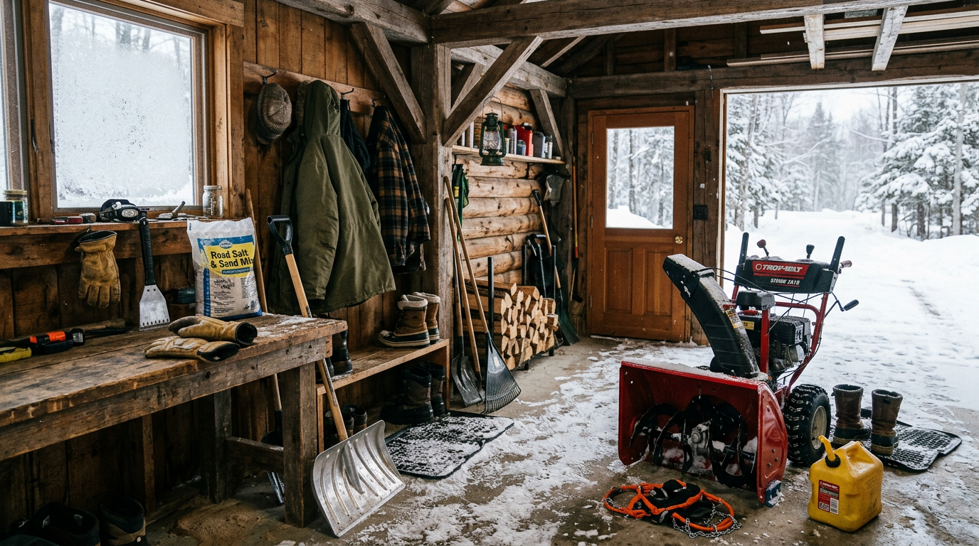 Snowblower, shovels, boots, coats, gloves, and salt in a wooden tool shed