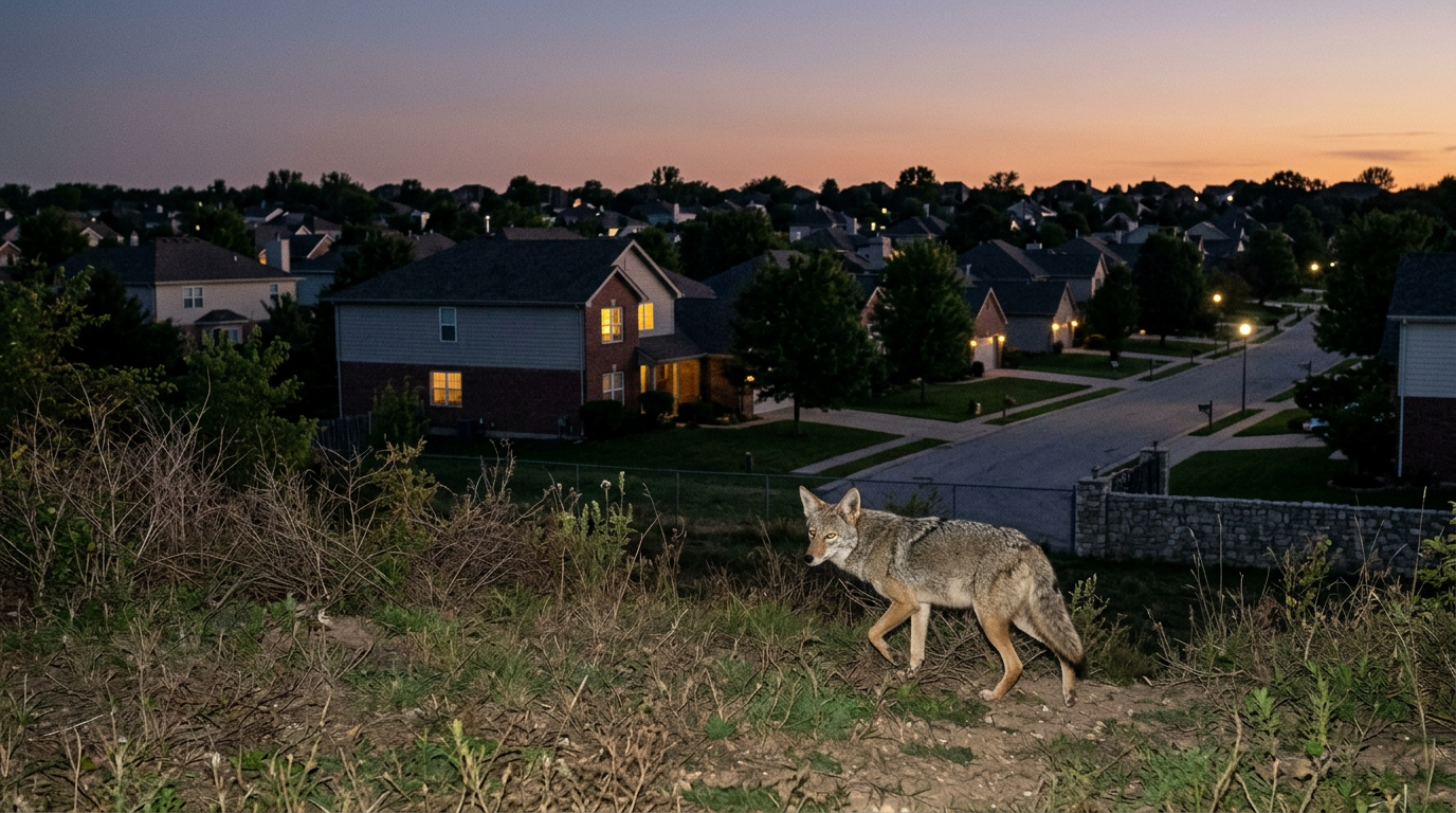 Coyote walking on grassy hill near suburban houses at dusk