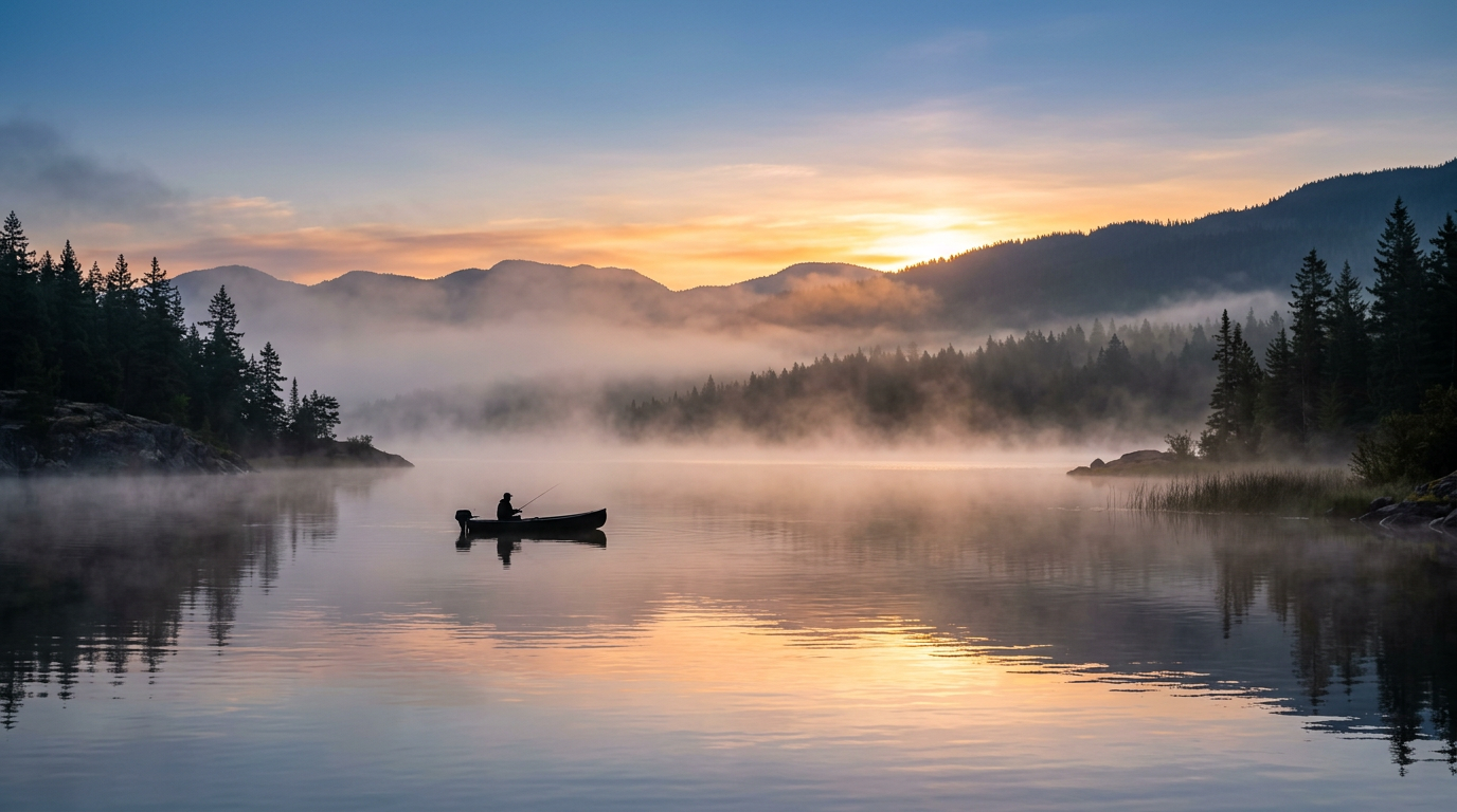 Silhouette of a person fishing from a small boat on a calm lake with mist and mountains