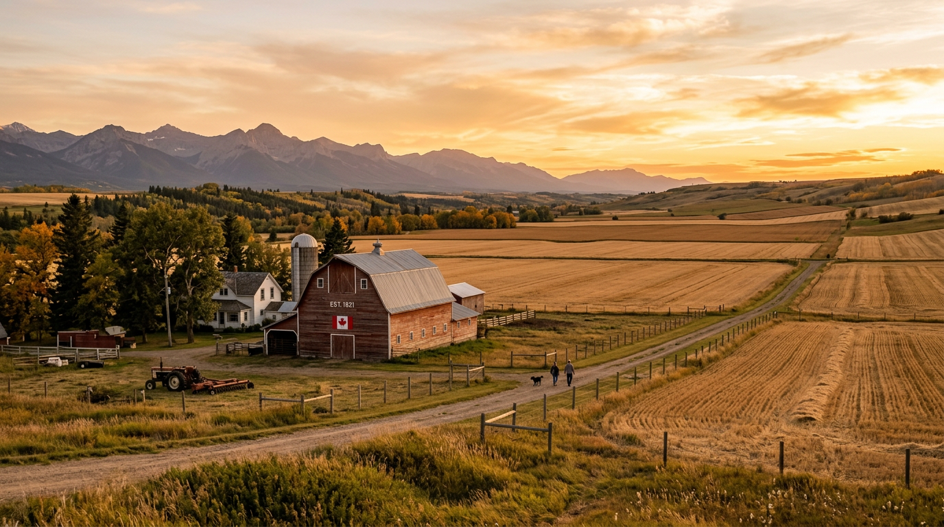 Red barn with Canadian flag and EST. 1821 sign near fields and mountains during sunset