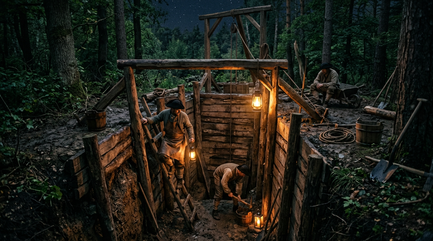 Three workers digging and reinforcing a trench in a forest illuminated by lanterns at dusk