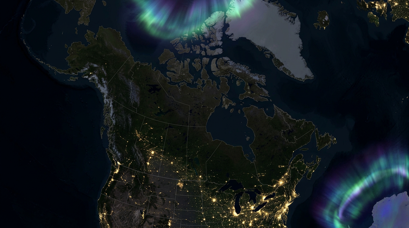 Satellite image of North America at night with illuminated cities and northern lights above Arctic regions