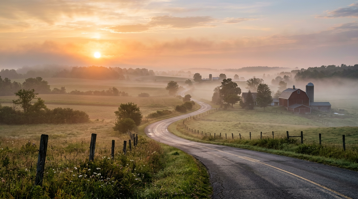 Winding road through misty countryside with farm and sunrise
