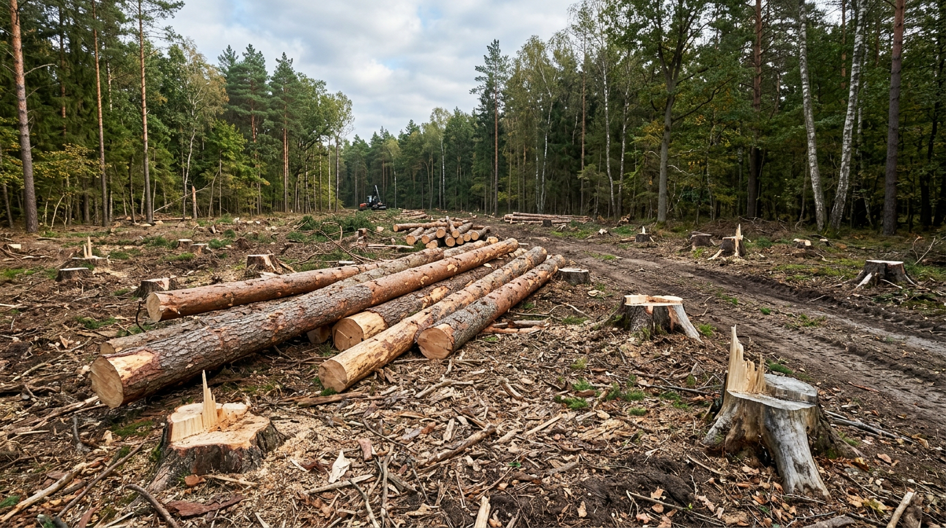 Cleared forest area with tree stumps and stacked logs