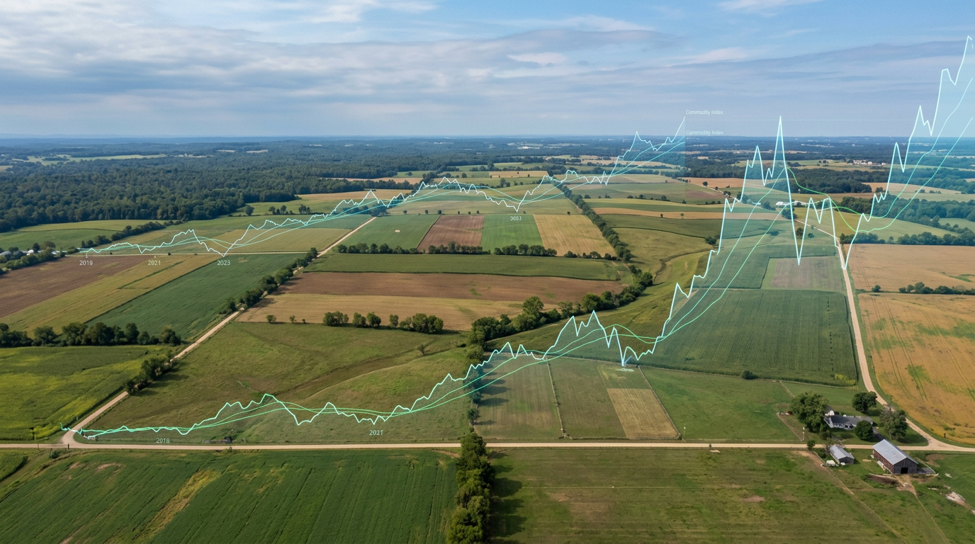 Aerial farmland view with translucent line graphs showing economic trends from 2018 to 2023