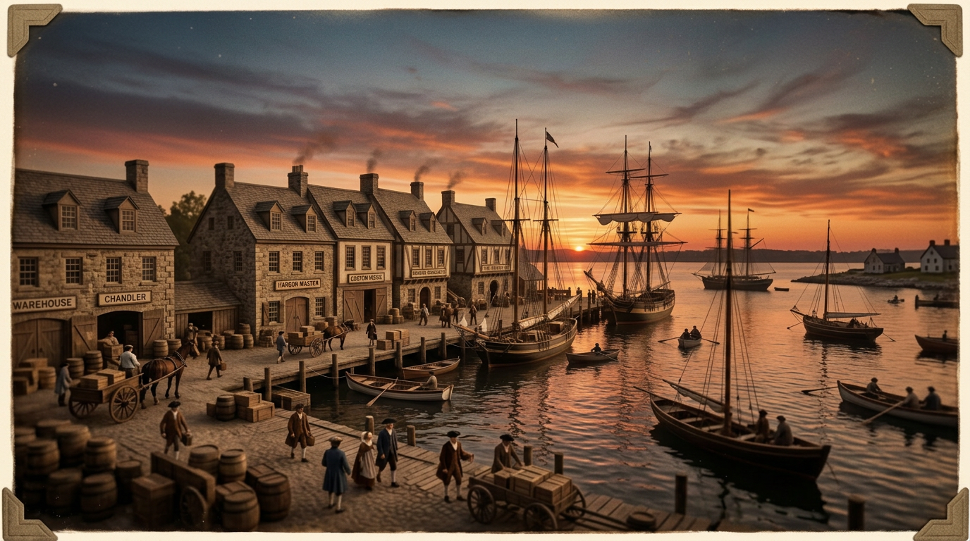 18th-century harbor with ships, dock, and people