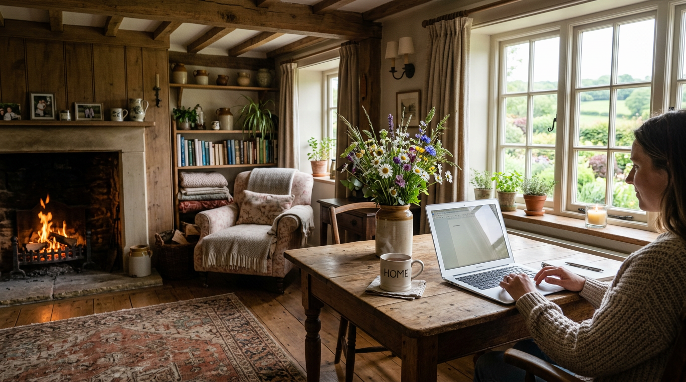 Person typing on laptop at wooden table in cozy living room with fireplace and flowers