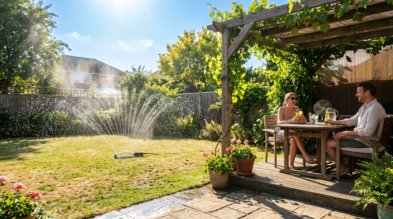 Couple sitting at wooden table on garden patio with sprinkler watering lawn