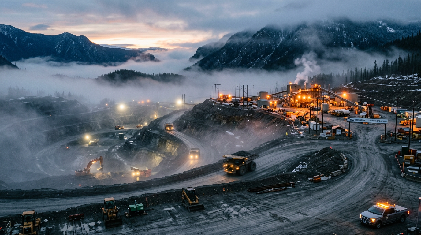 Mining trucks and excavators working in a large open-pit mine surrounded by fog and mountains at dusk
