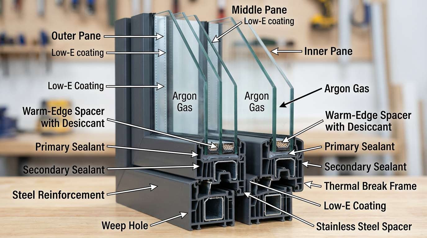 Triple-pane window cross-section with labels for outer pane, middle pane, inner pane, Low-E coatings, argon gas, warm-edge spacers, sealants, steel reinforcement, thermal break frame, and weep hole