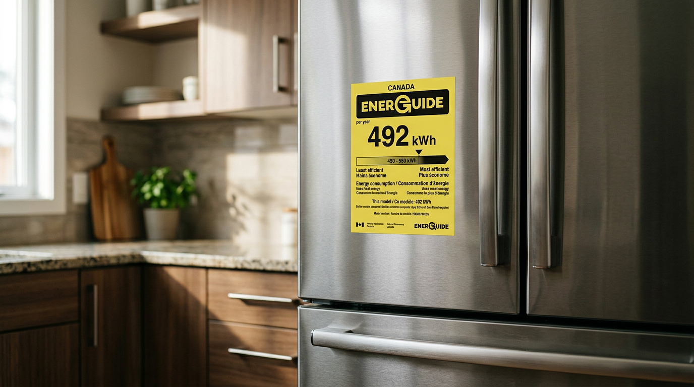 Canada EnerGuide label on a stainless steel refrigerator showing 492 kWh per year energy use.