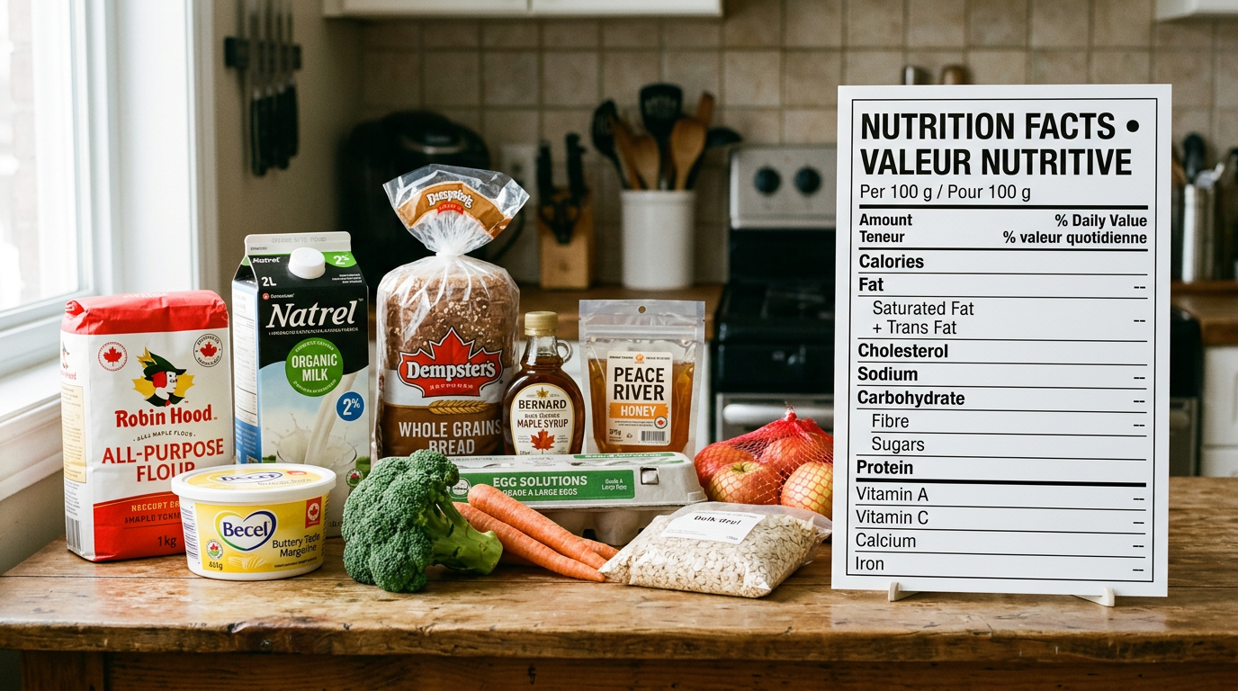 Groceries beside a bilingual Nutrition Facts label