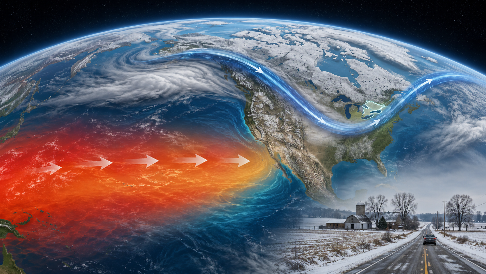 Illustration of warm El Niño water in the tropical Pacific altering the jet stream toward Canada and Southern Ontario