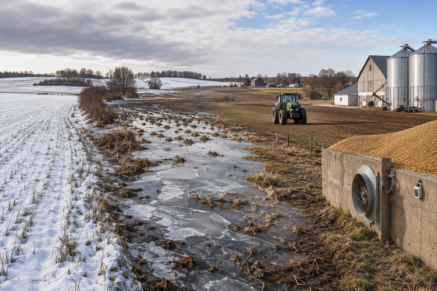 Southern Ontario farm showing patchy winter wheat snow cover, ponded frozen ground, early spring fieldwork and grain storage